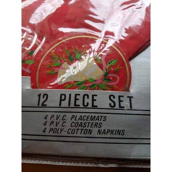Lintex Holiday Napkin Placemat Coaster Set Service for 4 Red Bells Holly NOS Vtg - Picture 2 of 5
